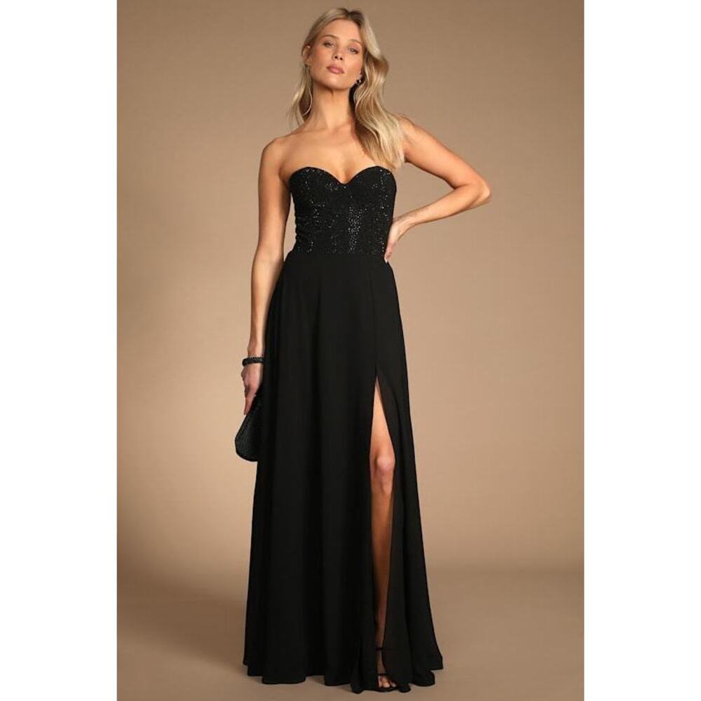 Lulus Remember This Moment Black Rhinestone Strapless Maxi Dress - Size L